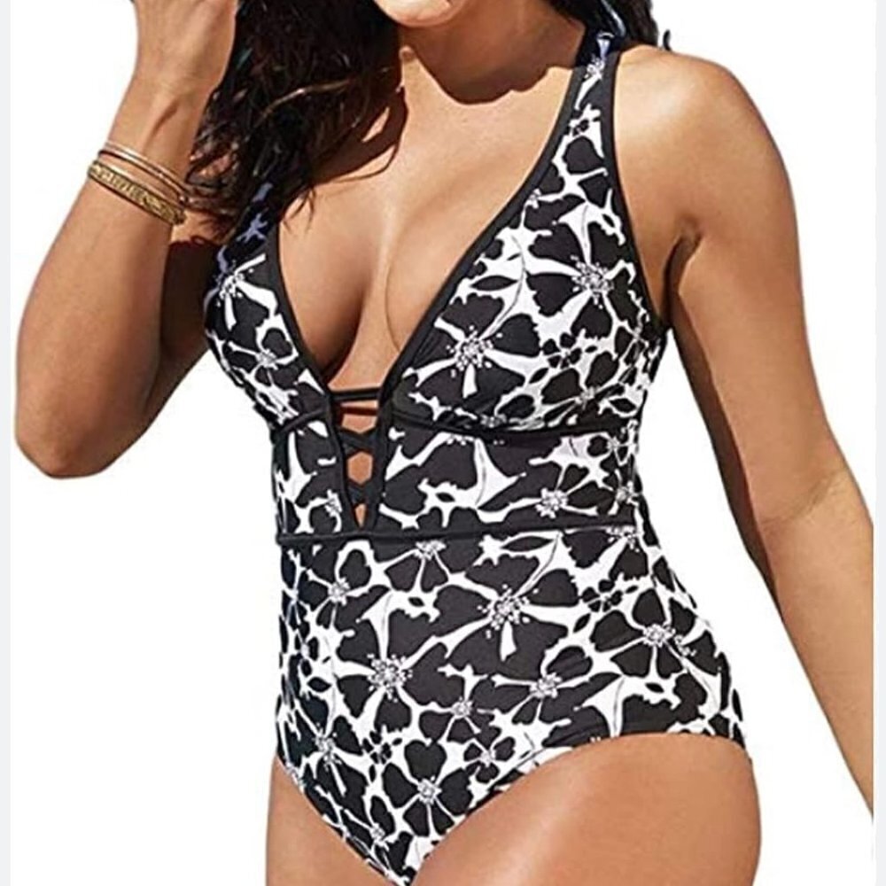 Hawaiian Black & White Floral Print One-Piece Lace-Up Bathing Suit